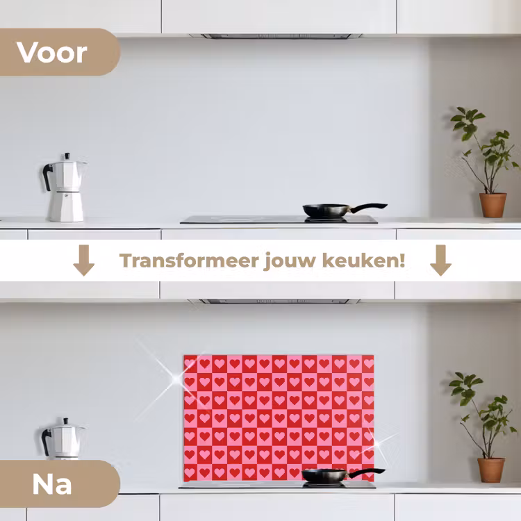 Rood - Roze - Schaakbord - Valentijn keuken achterwand spatscherm klein -voor_na_NL