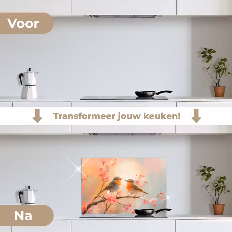 Roodborstjes - Sierlijk - Bloesemtak keuken achterwand spatscherm klein -voor_na_NL