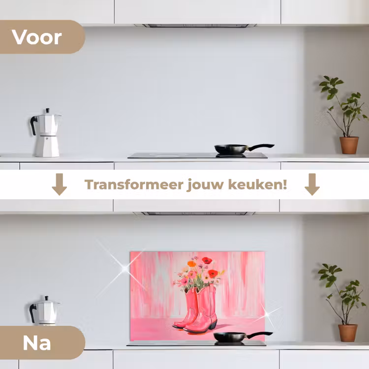 Roze - Bloemen - Cowboy keuken achterwand spatscherm klein -voor_na_NL