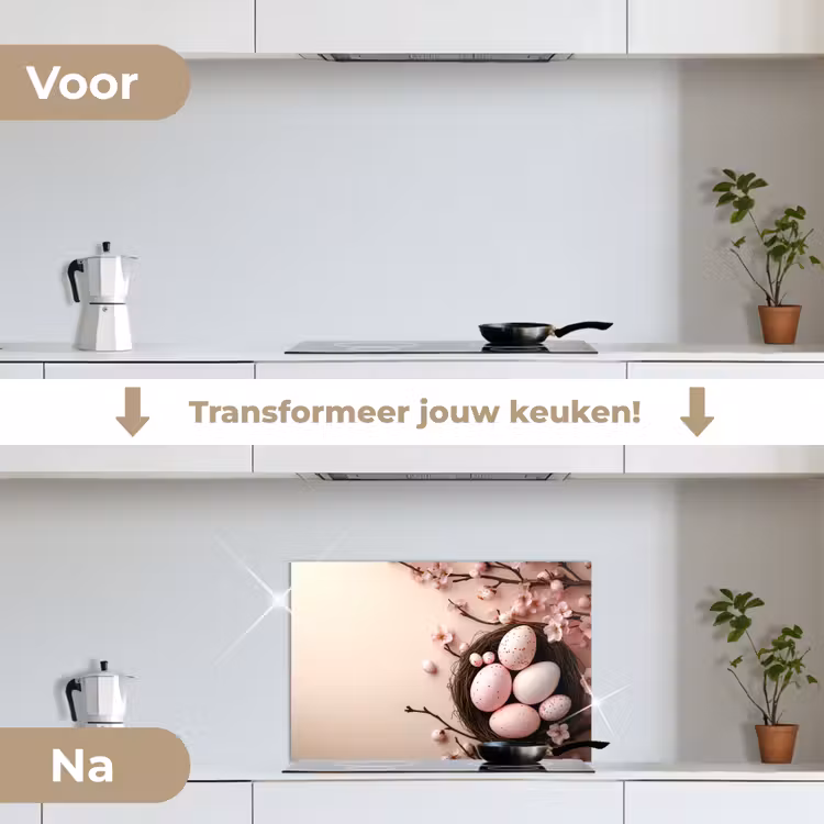 Roze - Bloesems - Eieren keuken achterwand spatscherm klein -voor_na_NL