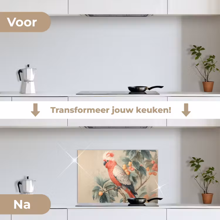 Roze kuifkaketoe - Tak met vruchten - Bladeren keuken achterwand spatscherm klein -voor_na_NL