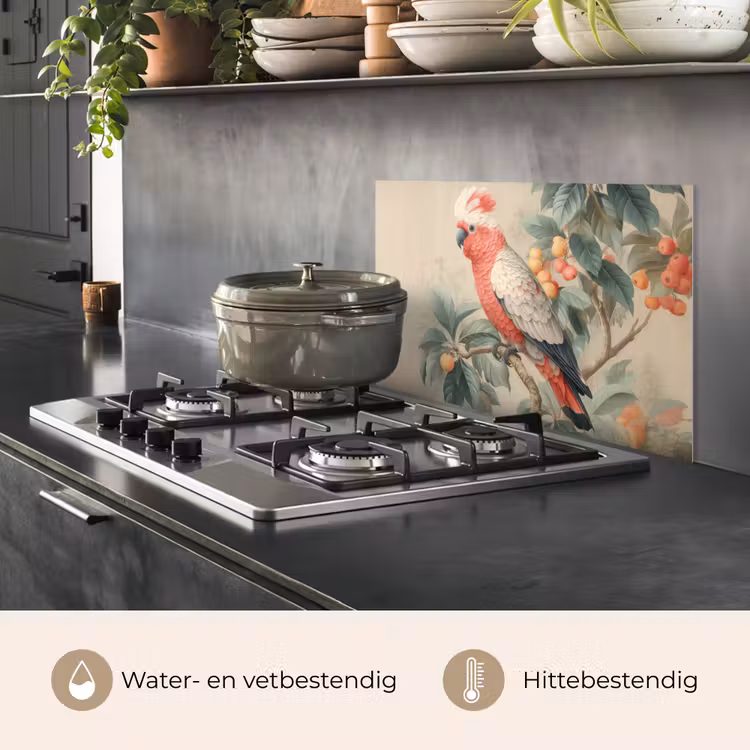 Roze kuifkaketoe - Tak met vruchten - Bladeren keuken achterwand spatscherm klein -usp_NL