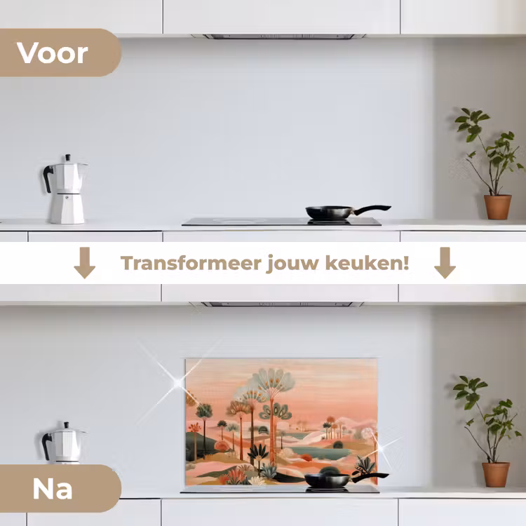 Roze landschap - Palmen - Water keuken achterwand spatscherm klein -voor_na_NL
