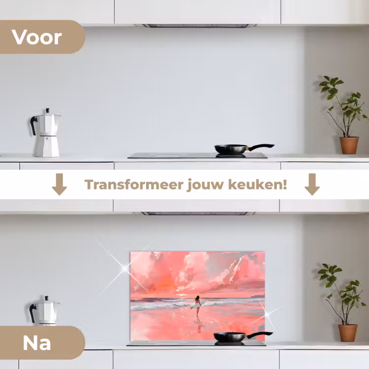 Roze - Surfen - Zee keuken achterwand spatscherm klein -voor_na_NL