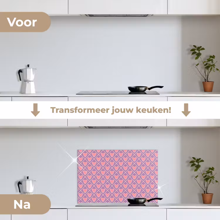 Ruit - Patroon - Paars - Hartjes keuken achterwand spatscherm klein 900 -voor_na_NL