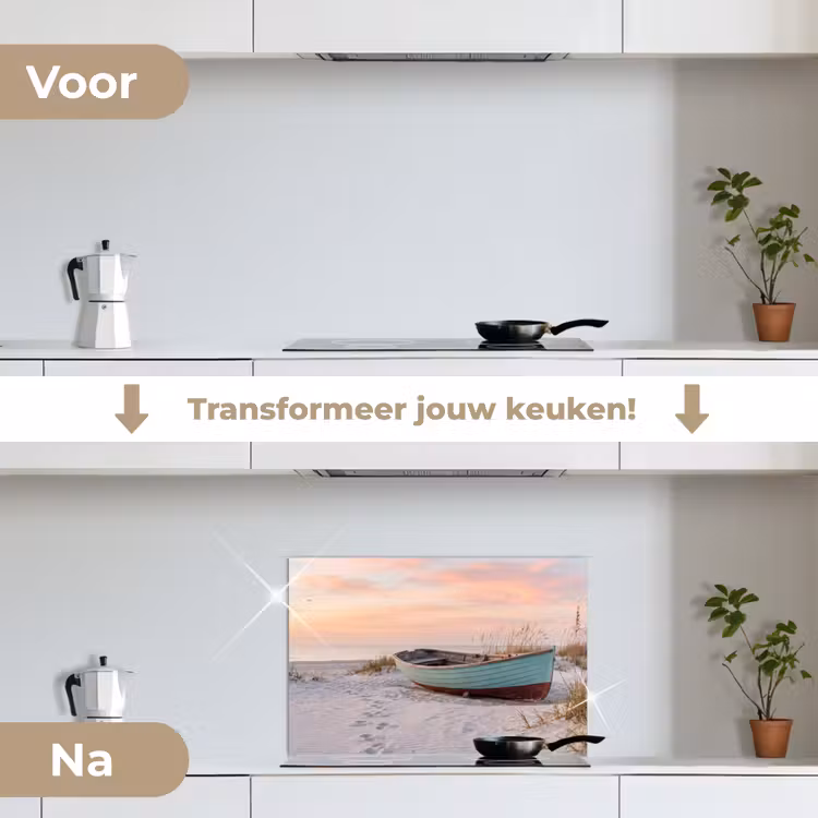 Rustiek - Roeiboot - Zandstrand keuken achterwand spatscherm klein -voor_na_NL