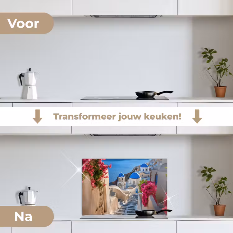 Santorini - Bloemen - Griekenland keuken achterwand spatscherm klein -voor_na_NL