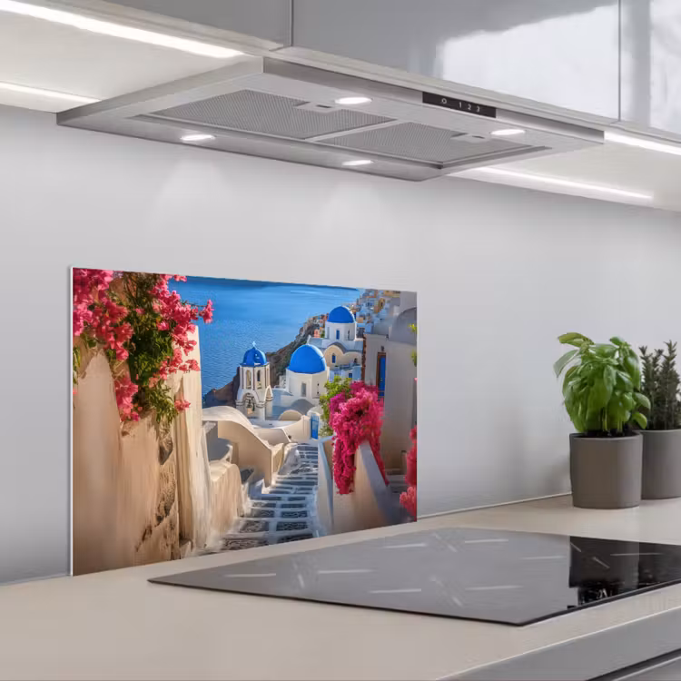 Santorini - Bloemen - Griekenland keuken achterwand spatscherm klein -3d_schuin