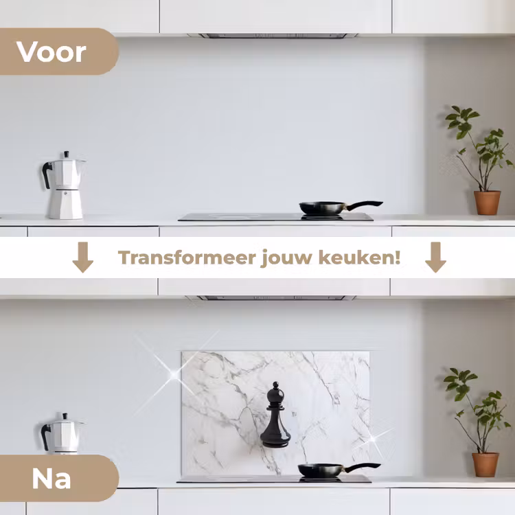 Schaakstuk - Loper - Zwart - Marmer keuken achterwand spatscherm klein -voor_na_NL
