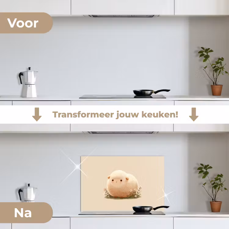 Schaap - Beige - Bloemen keuken achterwand spatscherm klein -voor_na_NL