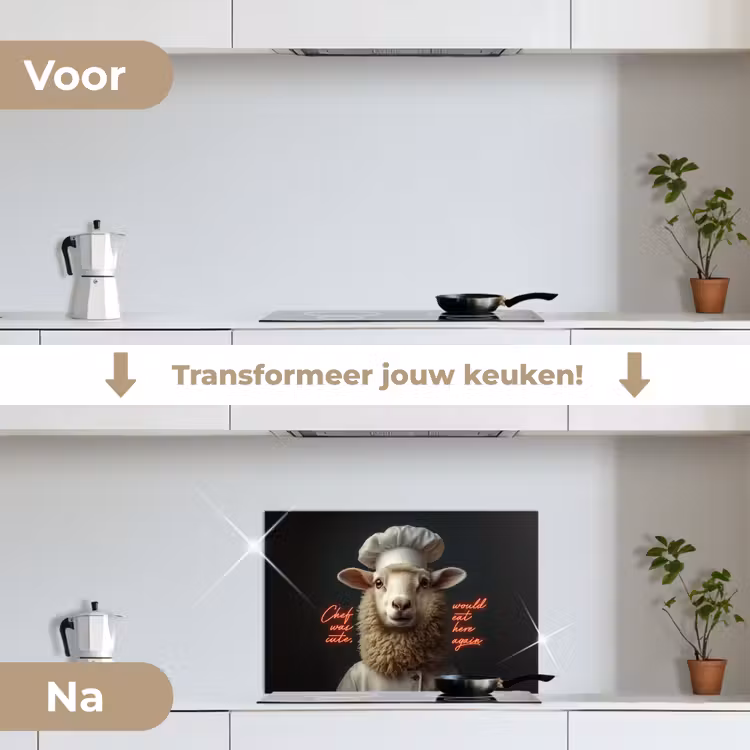 Schaap - Kokskleding - Neon - Quote keuken achterwand spatscherm klein -voor_na_NL
