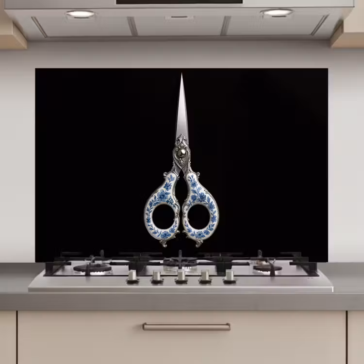 Schaar - Delfts blauw - Zwart keuken achterwand spatscherm klein -3d_website