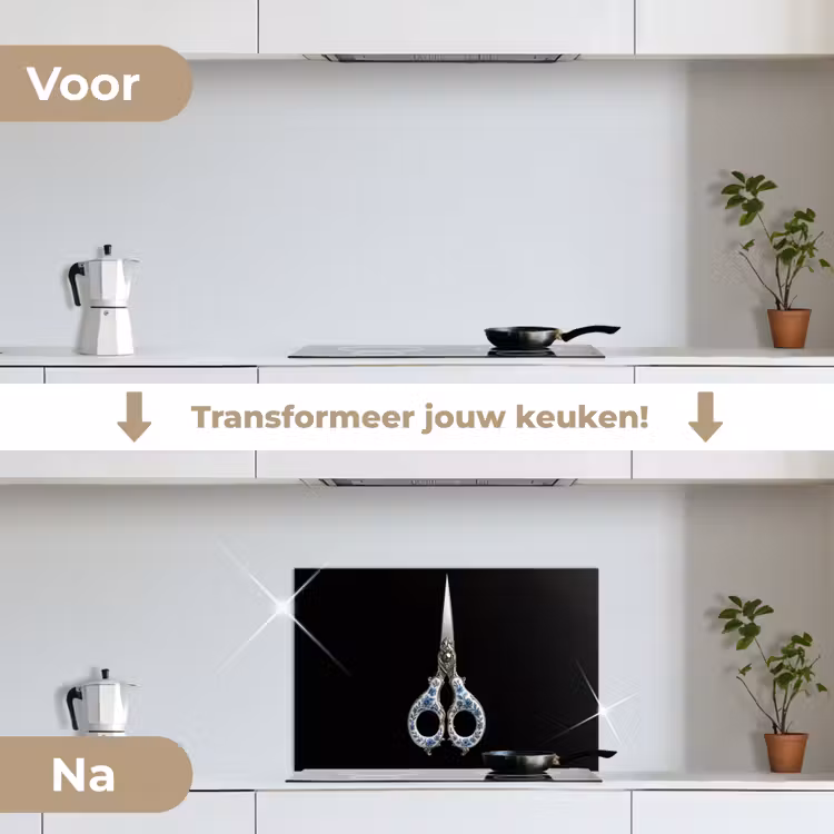 Schaar - Delfts blauw - Zwart keuken achterwand spatscherm klein -voor_na_NL