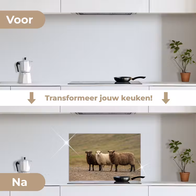 Schapen - Bruin - Wit - Grindpad keuken achterwand spatscherm klein -voor_na_NL