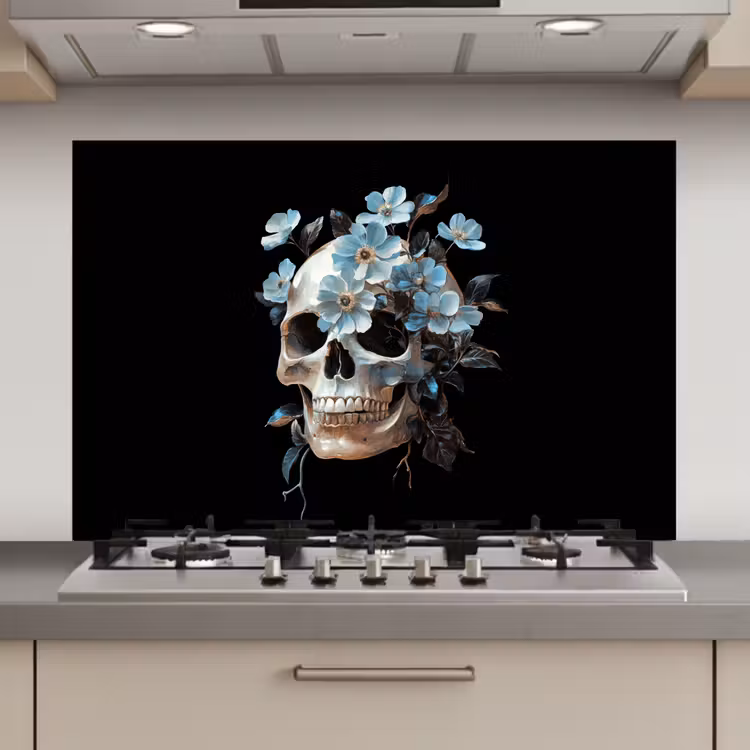 Schedel - Blauw - Bloemen - Bladeren keuken achterwand spatscherm klein -3d_website