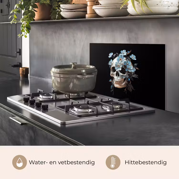 Schedel - Blauw - Bloemen - Bladeren keuken achterwand spatscherm klein -usp_NL