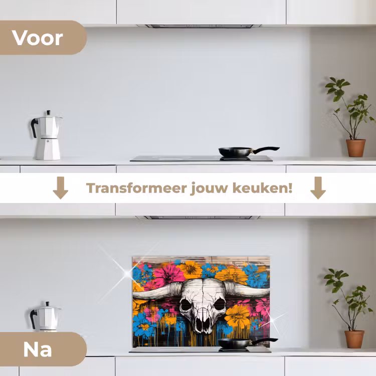 Schedel - Bloemen - Graffiti keuken achterwand spatscherm klein -voor_na_NL