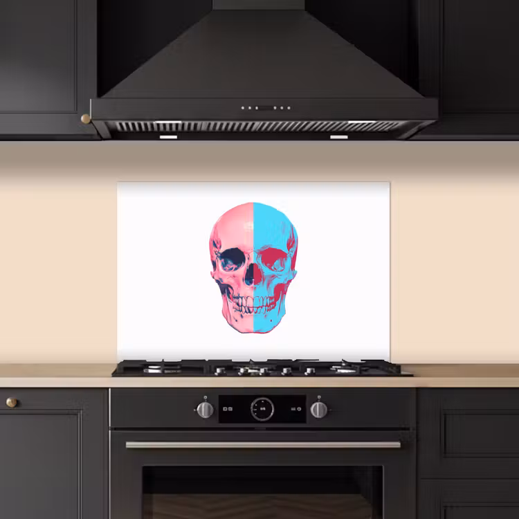 Schedel - Grafisch - Roze - Verdeeld keuken achterwand spatscherm klein -sfeer1
