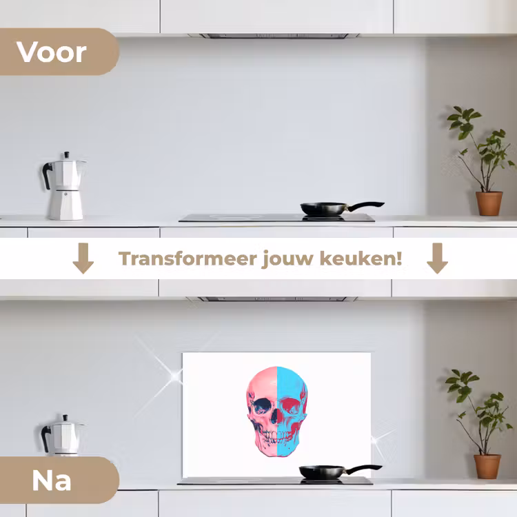 Schedel - Grafisch - Roze - Verdeeld keuken achterwand spatscherm klein -voor_na_NL