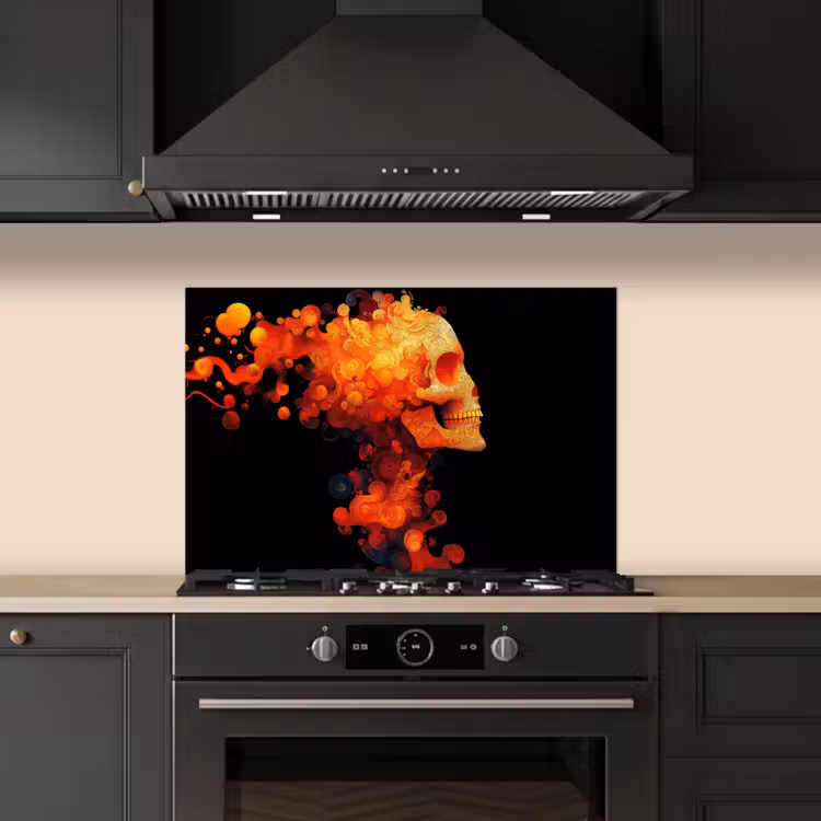 Schedel - Oranje - Zijaanzicht - Vlammen keuken achterwand spatscherm klein -sfeer1