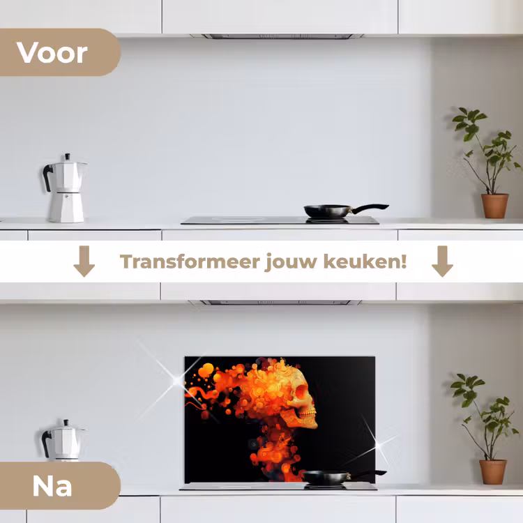Schedel - Oranje - Zijaanzicht - Vlammen keuken achterwand spatscherm klein -voor_na_NL