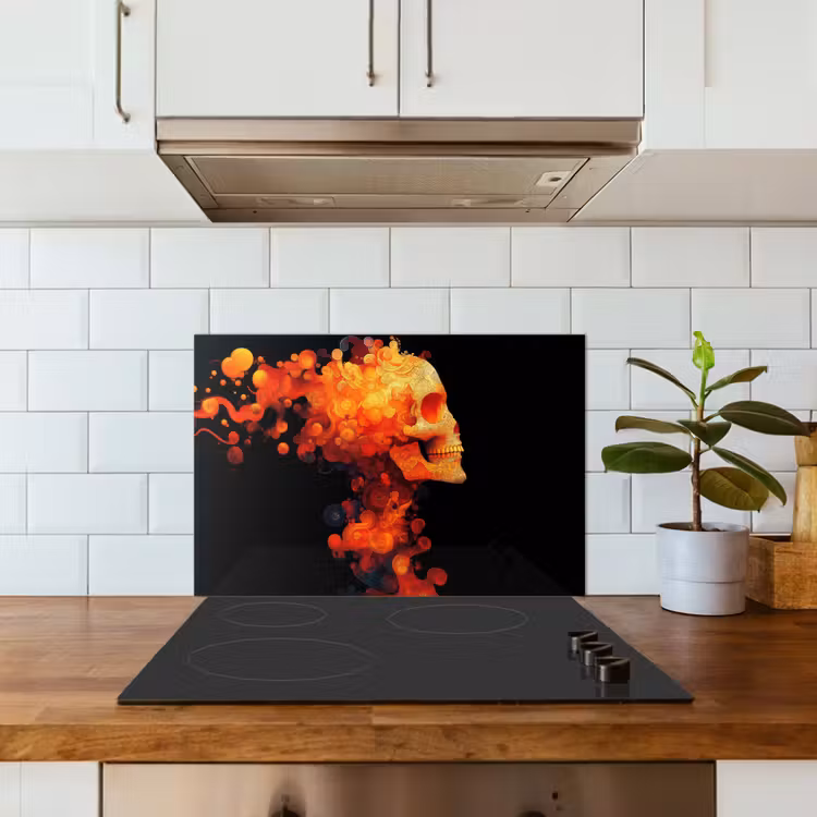 Schedel - Oranje - Zijaanzicht - Vlammen keuken achterwand spatscherm klein -sfeer2