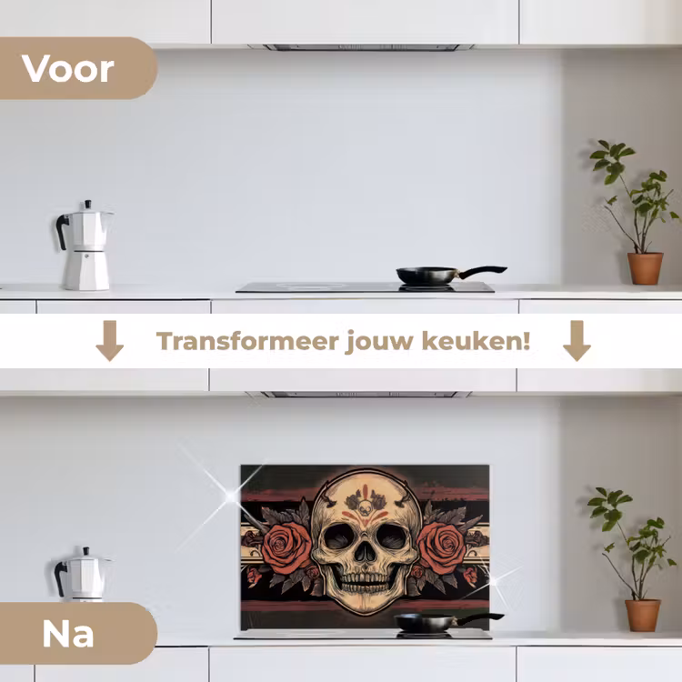 Schedel - Rozen - Gotisch keuken achterwand spatscherm klein -voor_na_NL