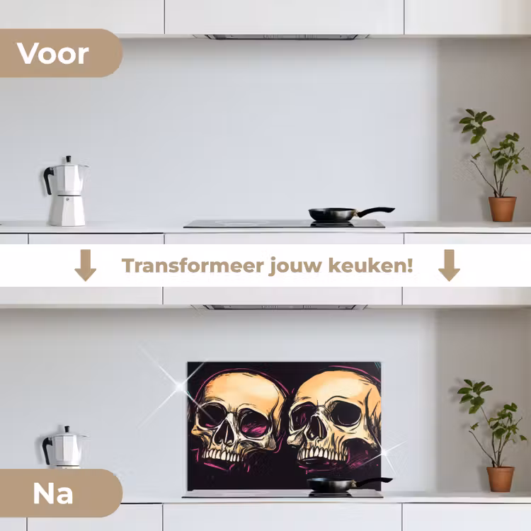 Schedels - Graffiti - Neon keuken achterwand spatscherm klein -voor_na_NL