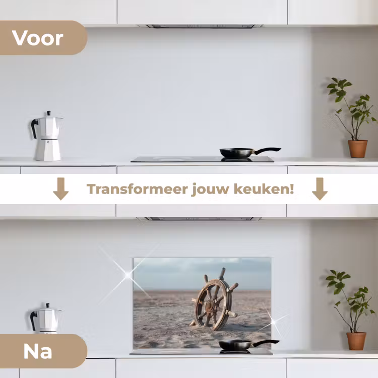 Scheepsstuur - Hout - Bruin - Zand keuken achterwand spatscherm klein -voor_na_NL