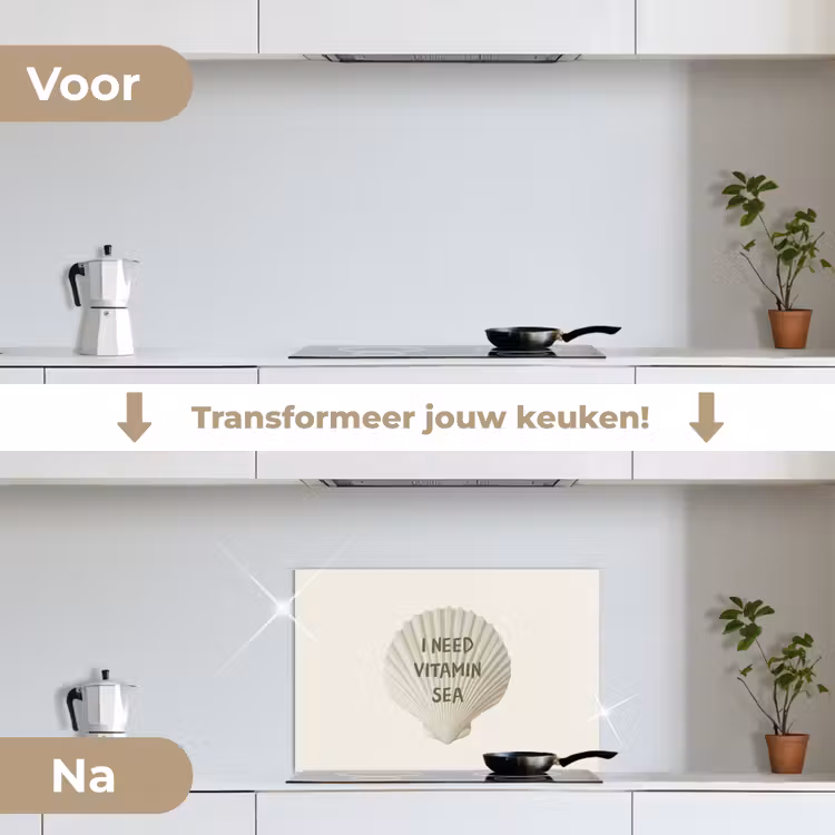 Schelp - Quote - Groen keuken achterwand spatscherm klein -voor_na_NL