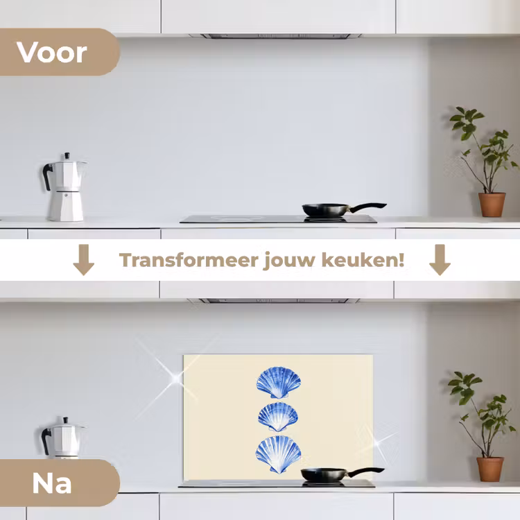 Schelpen - Blauw - Beige keuken achterwand spatscherm klein -voor_na_NL