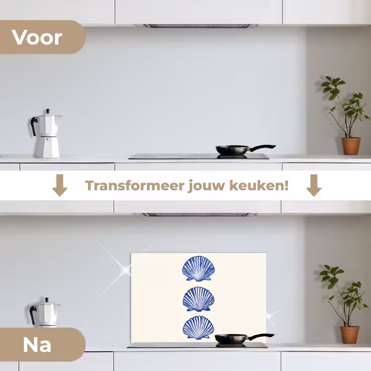 Schelpen - Blauw - Patroon keuken achterwand spatscherm klein -voor_na_NL