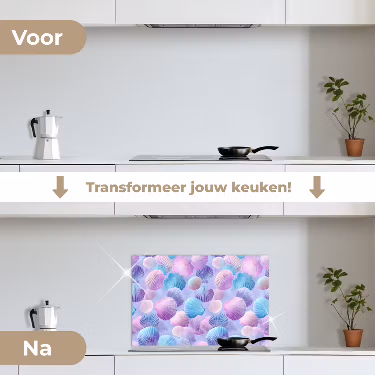 Schelpen - Paars - Blauw - Patroon keuken achterwand spatscherm klein -voor_na_NL