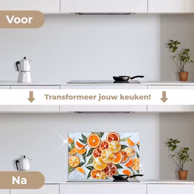 Schijfjes - Fruit - Oranje - Mozaïek keuken achterwand spatscherm klein -voor_na_NL