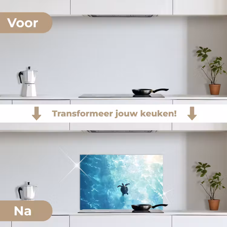 Schildpad - Zee - Blauw - Schittering keuken achterwand spatscherm klein -voor_na_NL