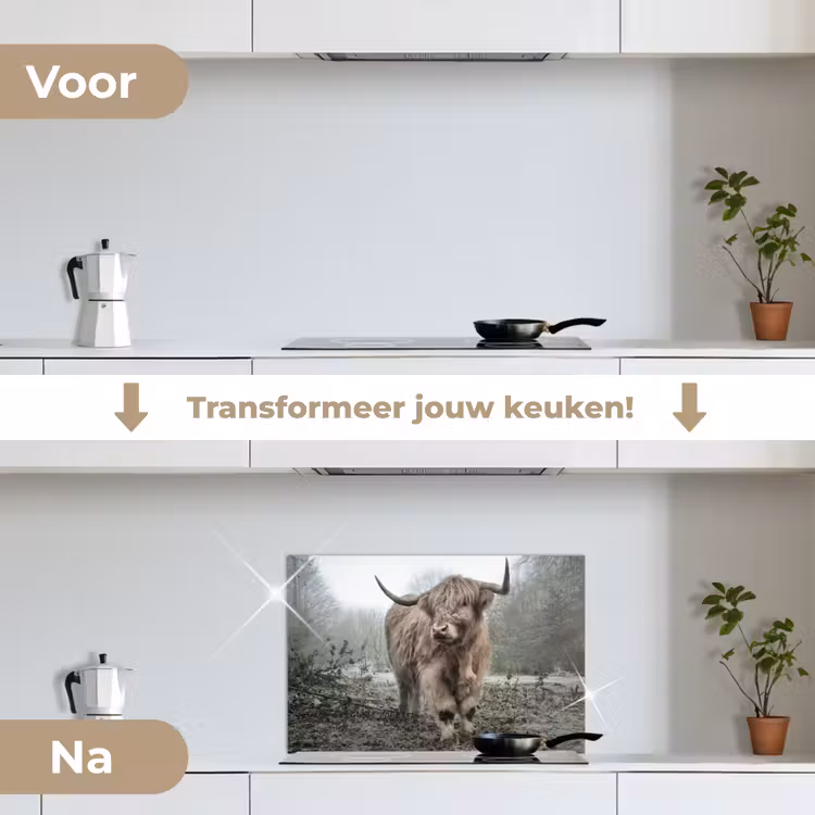 Schotse Hooglander - Bos - Mist - Koe - Dieren - Natuur keuken achterwand spatscherm klein -voor_na_NL
