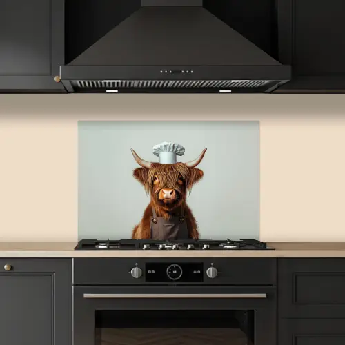 Schotse Hooglander - Bruin - Hoorns - Kokskleding keuken achterwand spatscherm klein -sfeer1