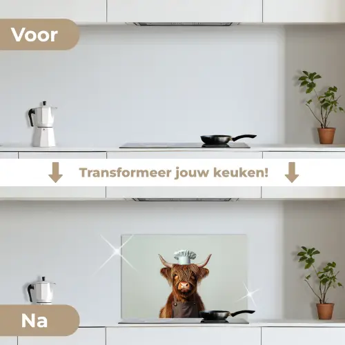 Schotse Hooglander - Bruin - Hoorns - Kokskleding keuken achterwand spatscherm klein -voor_na_NL