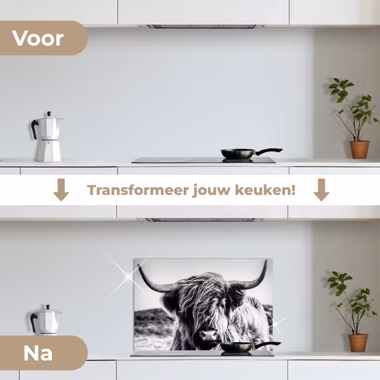 Schotse hooglander - Close up - Horens - Vacht - Zwart Wit keuken achterwand spatscherm klein -voor_na_NL