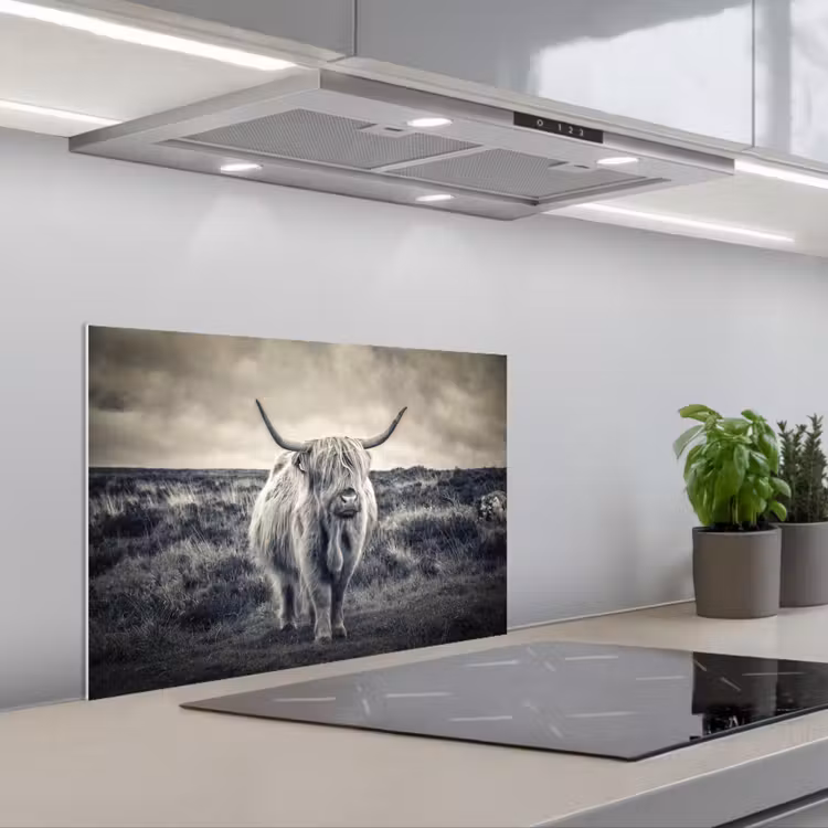 Schotse hooglander - Dieren - Wolken - Koe - Natuur keuken achterwand spatscherm klein -3d_schuin