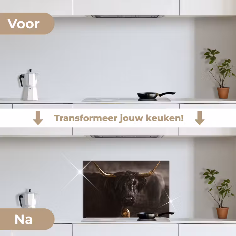 Schotse hooglander - Goud - Koebel - Hoorns - Dieren keuken achterwand spatscherm klein -voor_na_NL