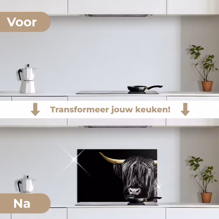 Schotse hooglander - Goud - Vacht - Dieren - Koe keuken achterwand spatscherm klein -voor_na_NL