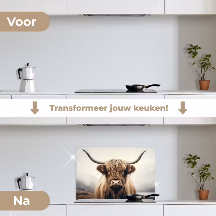 Schotse hooglander - Hoorns - Landschap keuken achterwand spatscherm klein -voor_na_NL