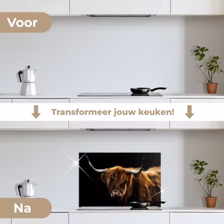 Schotse Hooglander - Horens - Zwart - Dieren - Natuur - Wild - Koe keuken achterwand spatscherm klein -voor_na_NL