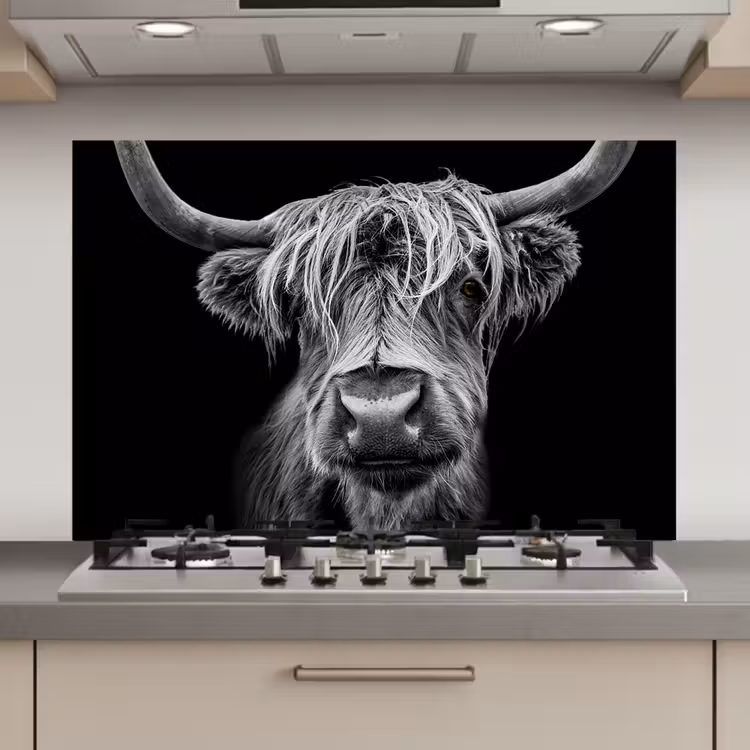 Schotse Hooglander - Horens - Zwart - Wit - Koe - Wild - Dieren keuken achterwand spatscherm klein -3d_website