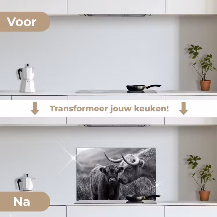 Schotse hooglander - Kalf - Zwart - Wit keuken achterwand spatscherm klein -voor_na_NL