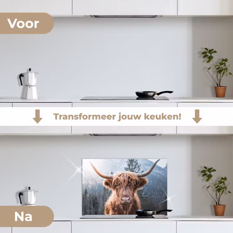 Schotse hooglander - Koe - Dieren - Berg - Natuur keuken achterwand spatscherm klein -voor_na_NL