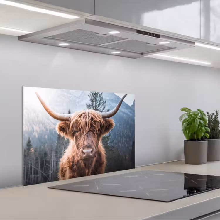 Schotse hooglander - Koe - Dieren - Berg - Natuur keuken achterwand spatscherm klein -3d_schuin