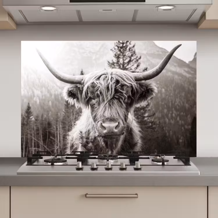 Schotse hooglander - Koe - Dieren - Zwart - Wit keuken achterwand spatscherm klein -3d_website