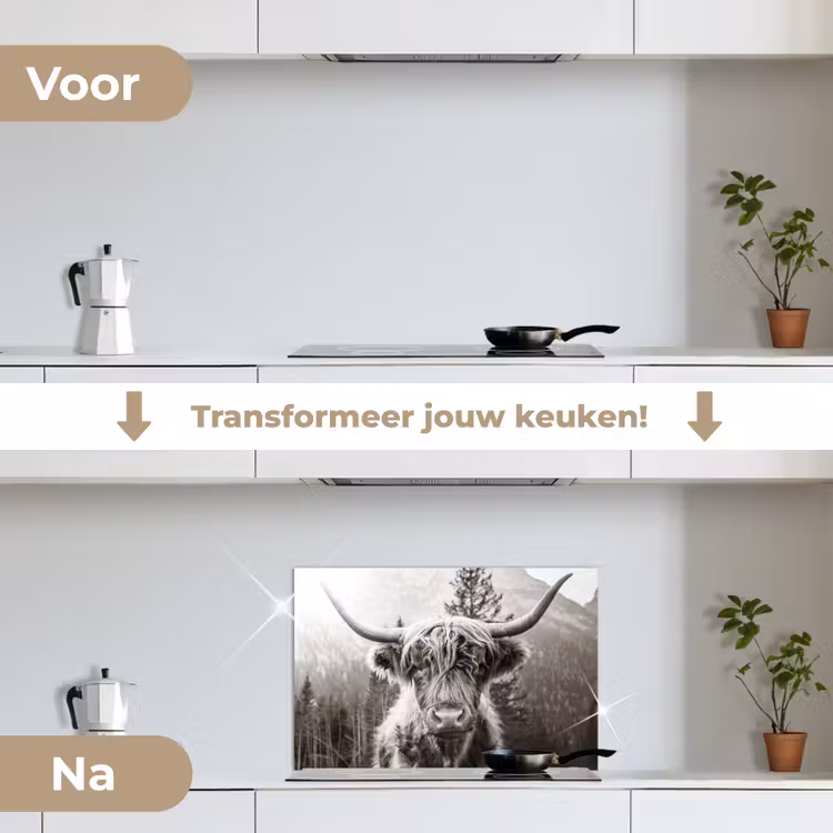 Schotse hooglander - Koe - Dieren - Zwart - Wit keuken achterwand spatscherm klein -voor_na_NL